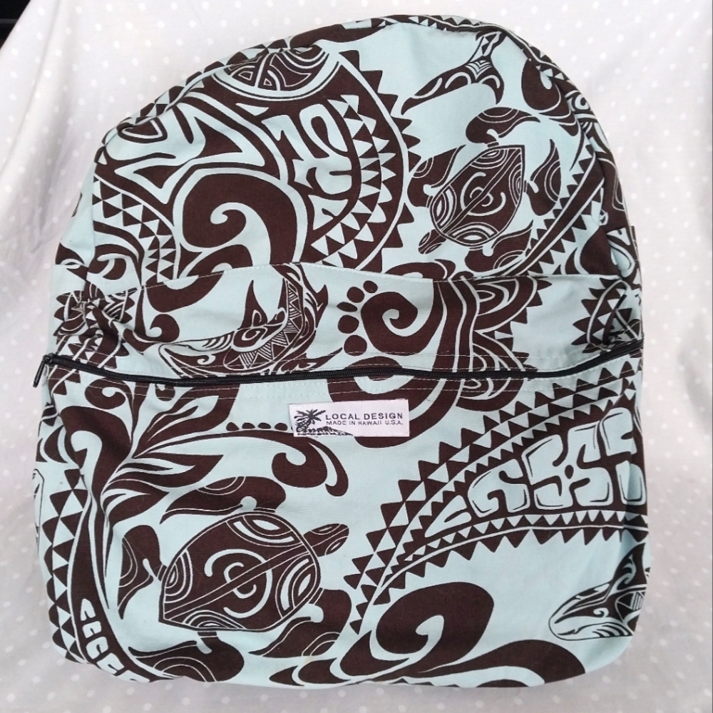 Local Design Made in Hawaii Blue and Brown Tribal Print Canvas Mini Backpack